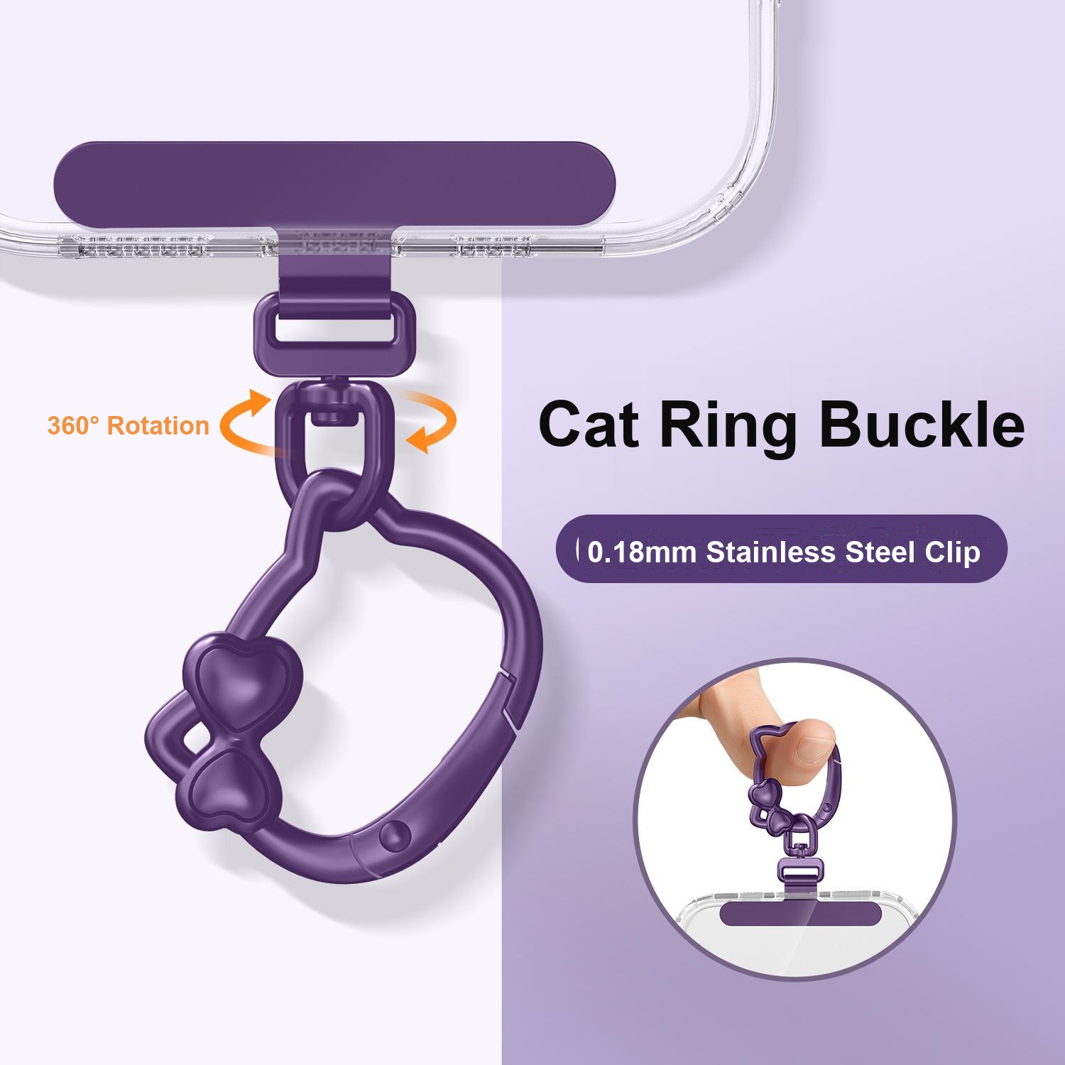 Y087 cat ring buckle phone tether in rose gold with heart bow and stainless steel patch