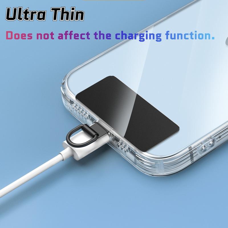The Y143 tab fitted under a phone case with a charging cable plugged in, showing that the ultra-thin plate does not block the port