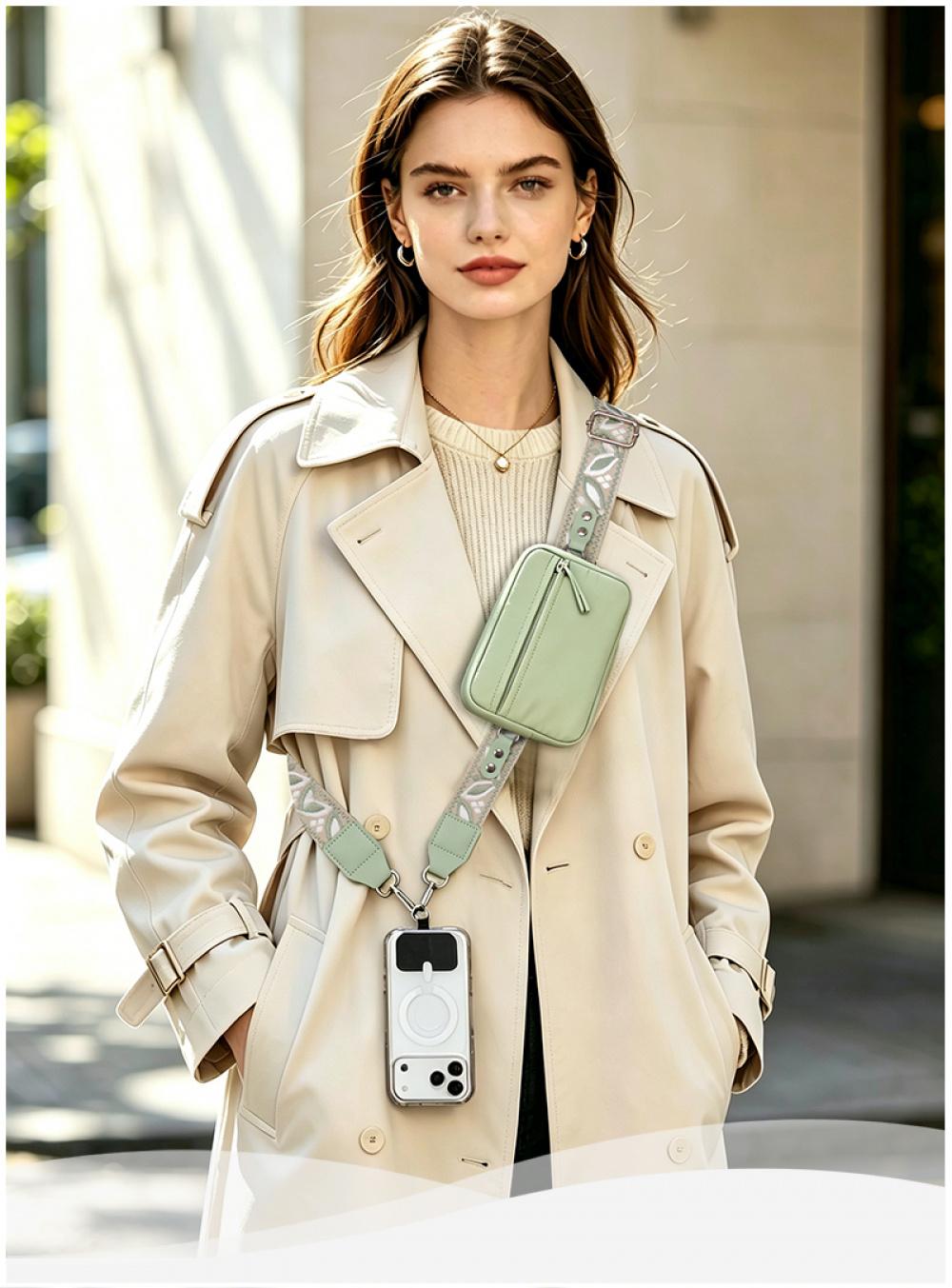 Y058 mini bag lanyard worn crossbody under a coat with the pouch on the chest and the phone hanging below