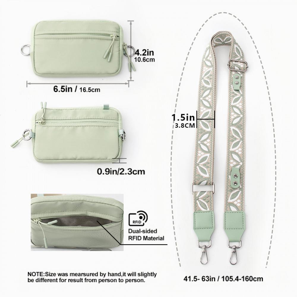 Y058 measurements: 16.5 by 10.6 cm RFID zipper pouch, 3.8 cm strap width, 105.4 to 160 cm adjustable length