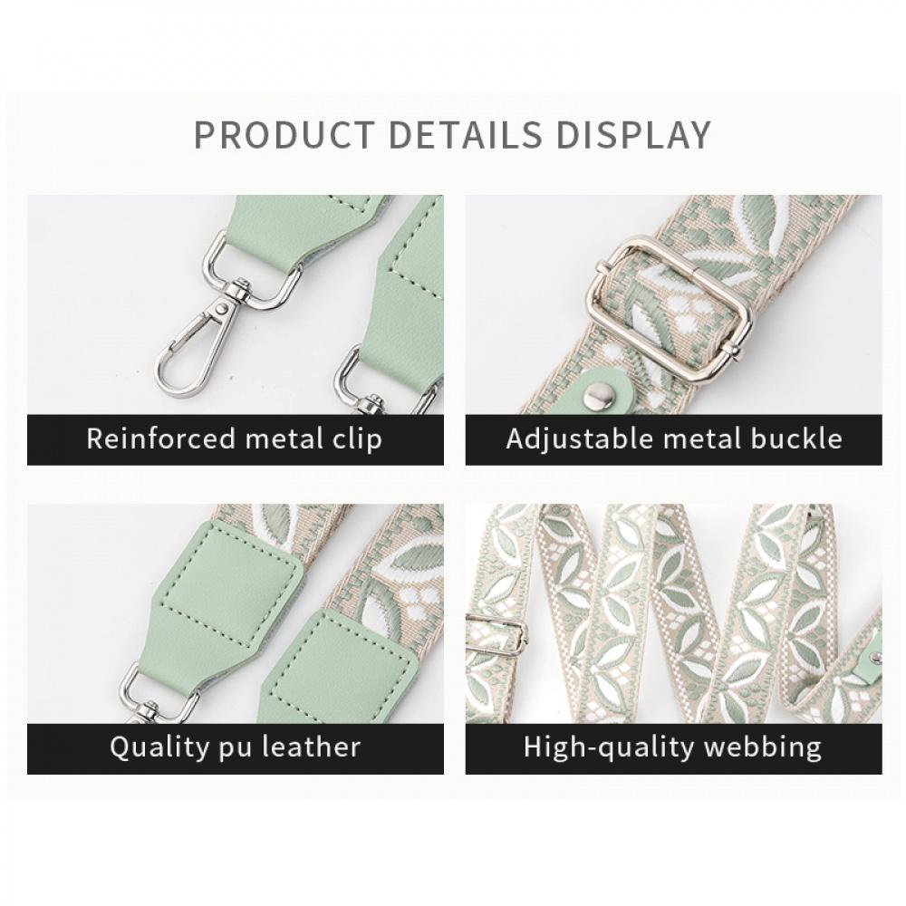 Y058 hardware close-ups: reinforced metal clip, adjustable metal buckle, PU leather patch and woven webbing