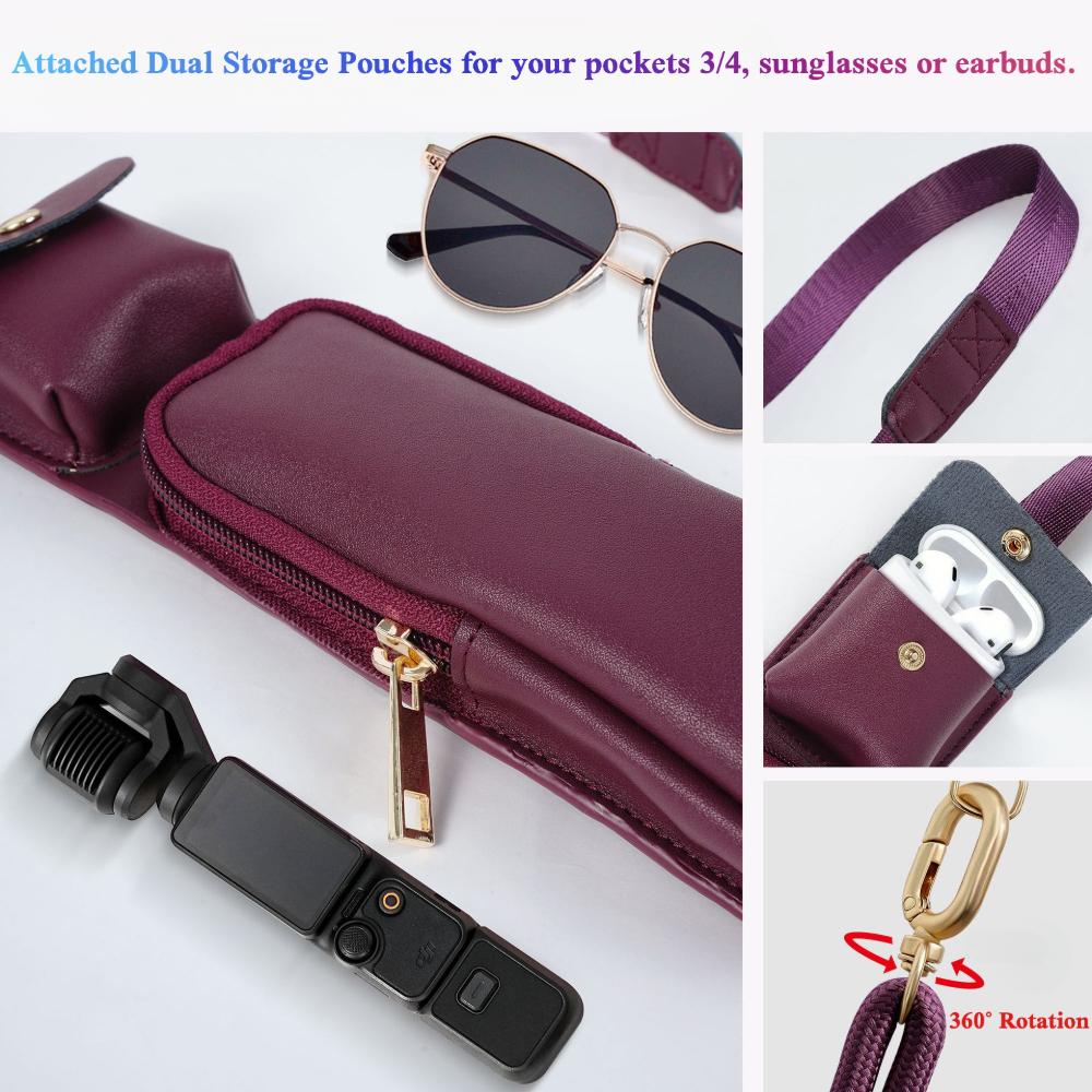Y091 attached dual storage pouches holding a compact gimbal camera, sunglasses and an earbuds case with a 360-degree rotating clasp