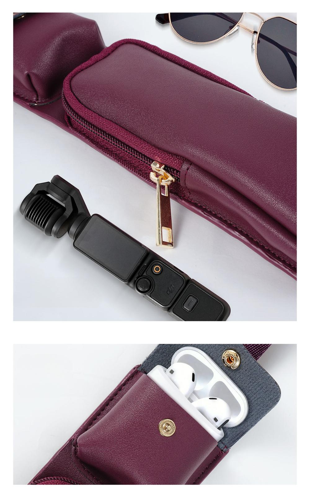 Y091 wine red zip pouch and snap pouch close-up with a compact pocket camera and wireless earbuds