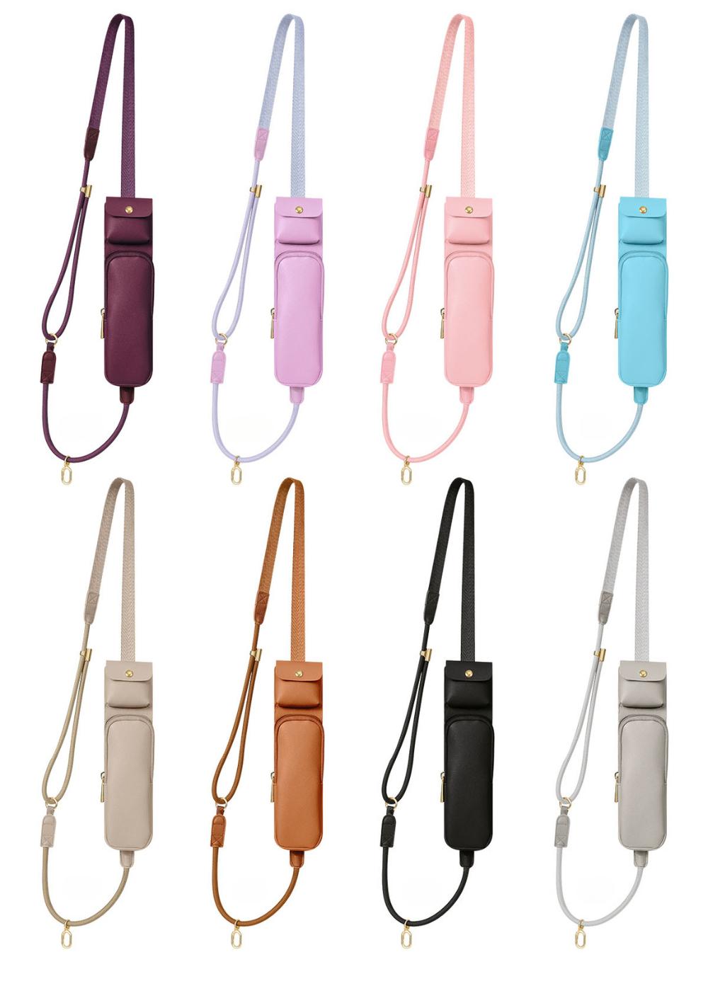 Y091 dual pouch crossbody straps in wine red, pink, camel, grey, brown and black laid out in two rows