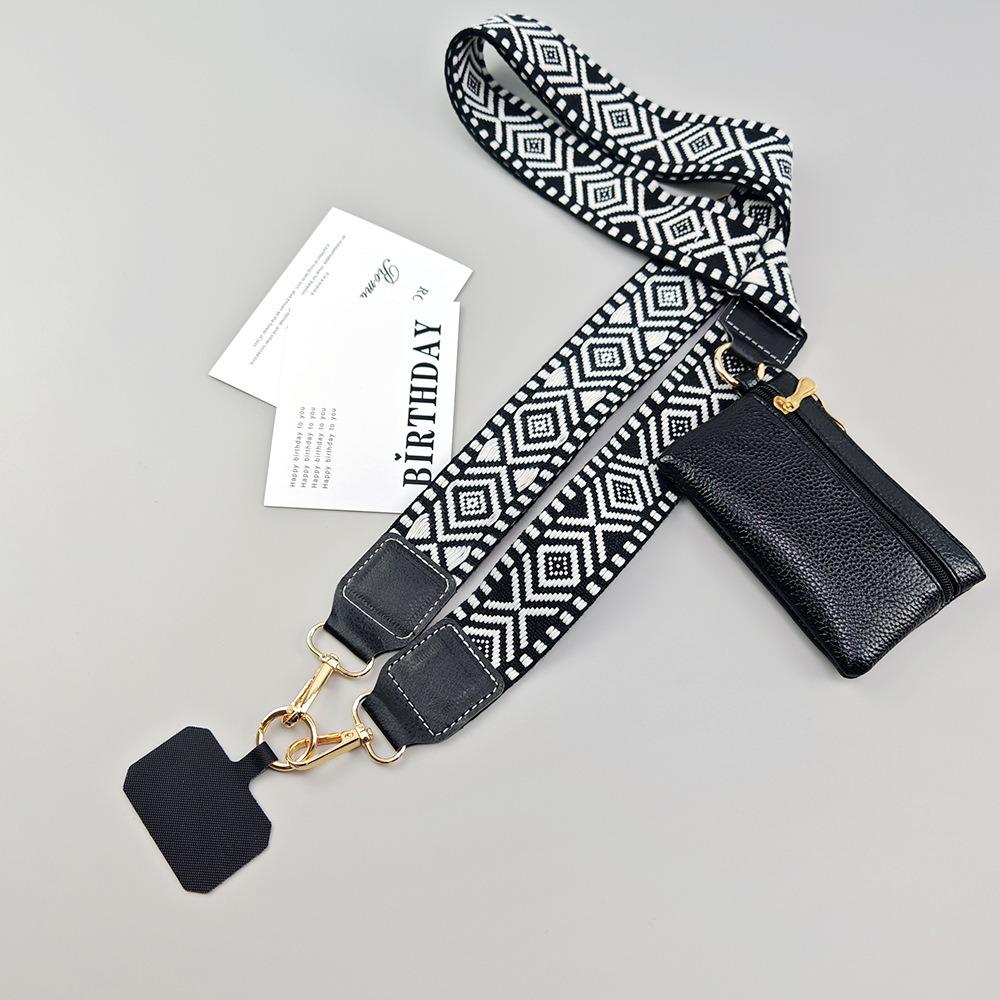 The Y329 black set: a woven nylon strap, a matching PU zip pouch and a card-style tether tab with gold-tone hardware