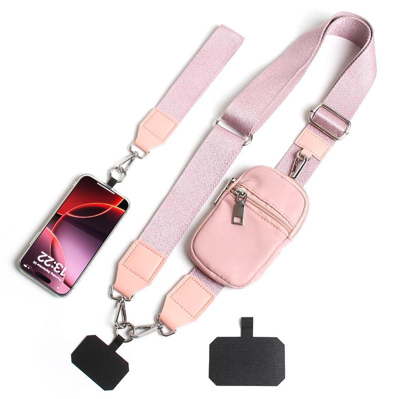 The Y342 pink set: an extra-wide polyester strap, a colour-matched zip pouch, a phone tether tab and metal quick-release hardware