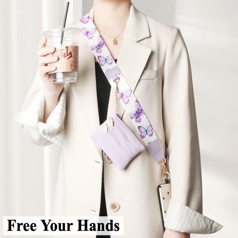 Y372 adjustable and detachable phone lanyard strap in Lilac Butterfly worn cross-body by a model, with the matching zip pouch on the strap