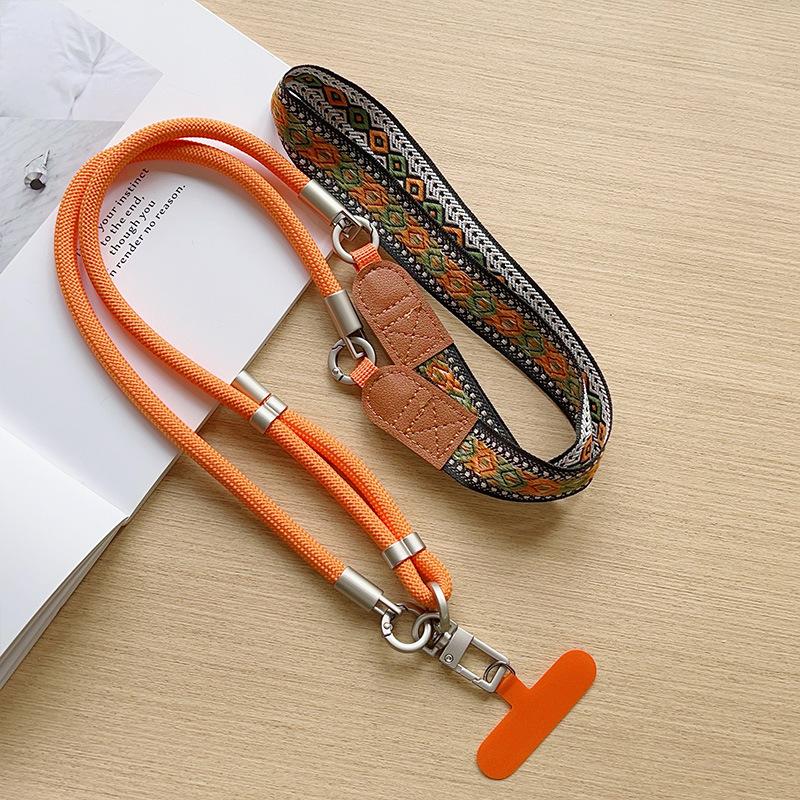 Y026 retro jacquard 3-in-1 phone lanyard in orange with solid braided cord and patterned webbing