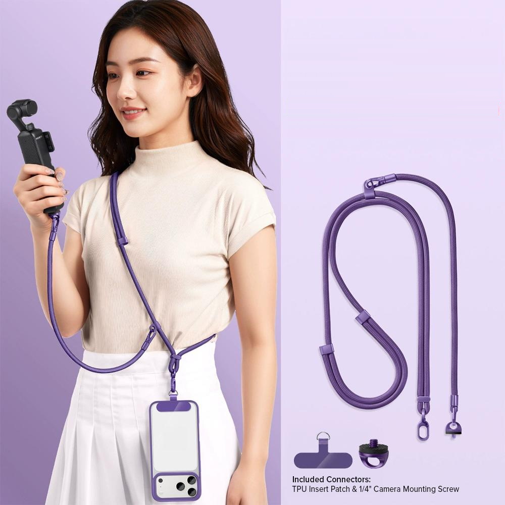Y379 4-in-1 Pro Lanyard in Dark Purple: a 7 mm braided polyester cord with zinc-alloy hooks and a 1/4-inch camera mounting screw, shown with a pocket gimbal and a phone