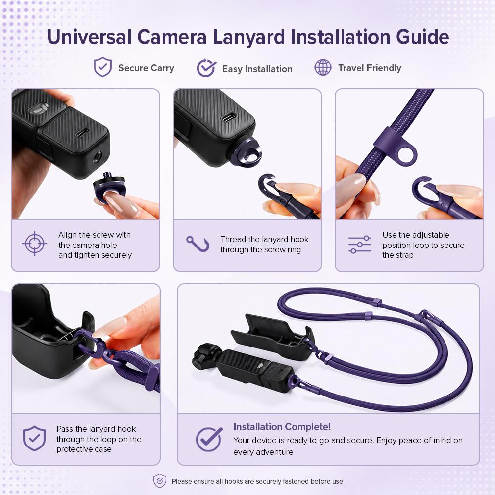 Y379 installation guide: aligning and tightening the 1/4-inch camera mounting screw, threading the lanyard hook through the screw ring, setting the adjustable position loop and clipping the hook to a case