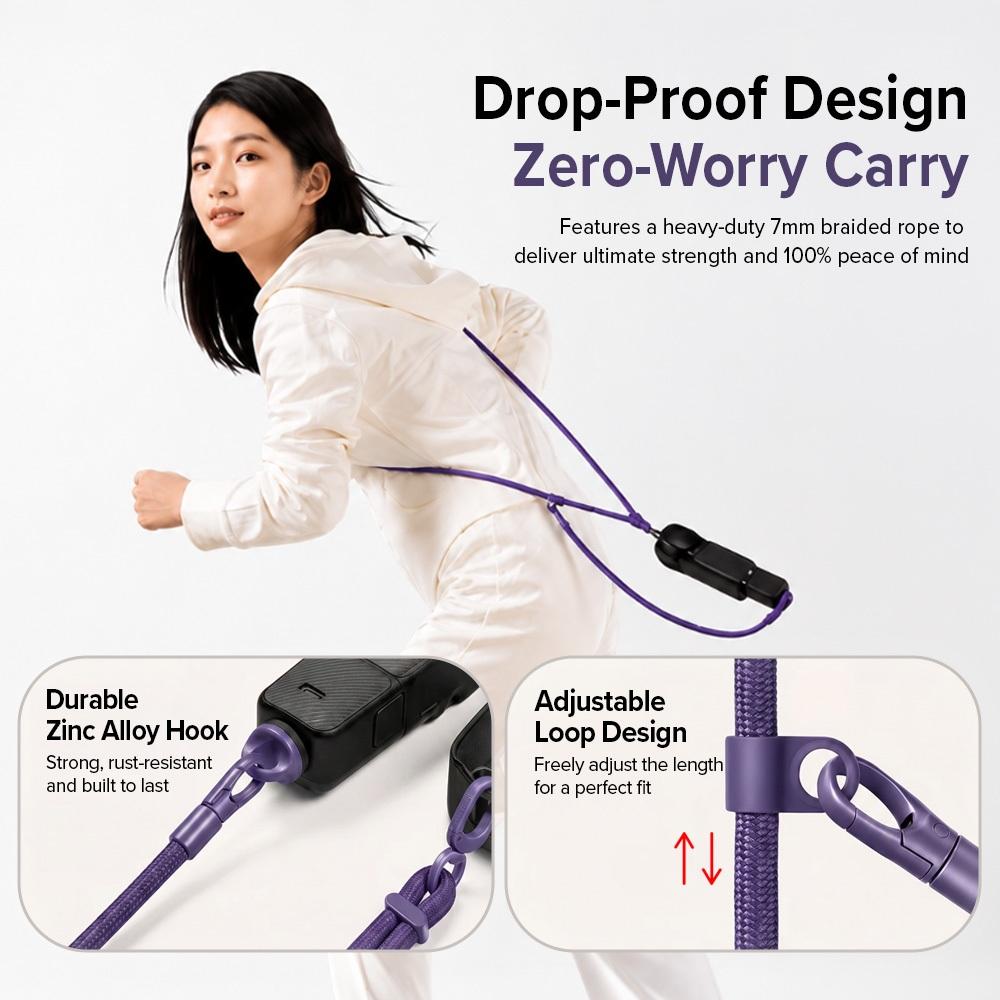 Y379 drop-proof design detail: a durable zinc-alloy hook and an adjustable loop design on the 7 mm braided rope, worn cross-body by a model