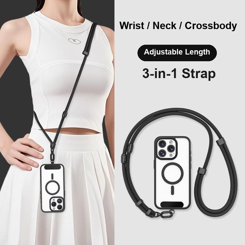 Y380 Classic Black 3-in-1 adjustable phone lanyard worn crossbody by a model, with the strap laid out beside the phone case