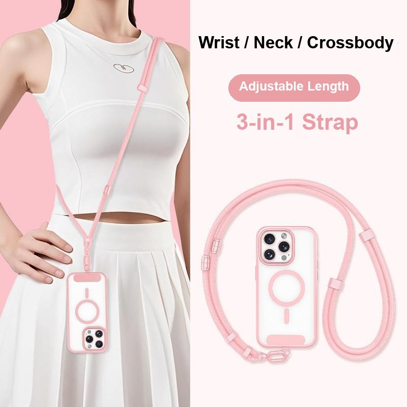 Y380 adjustable phone lanyard in Light Pink, worn by a model with the strap and phone case shown flat