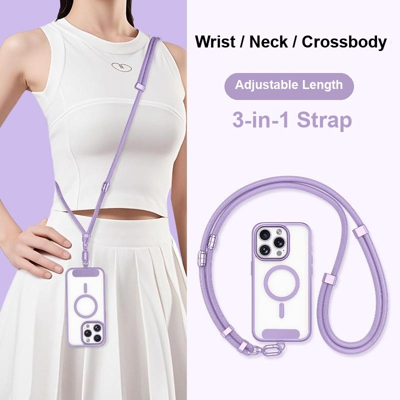 Y380 adjustable phone lanyard in Light Purple, worn by a model with the buckle, adjusters and clip shown flat