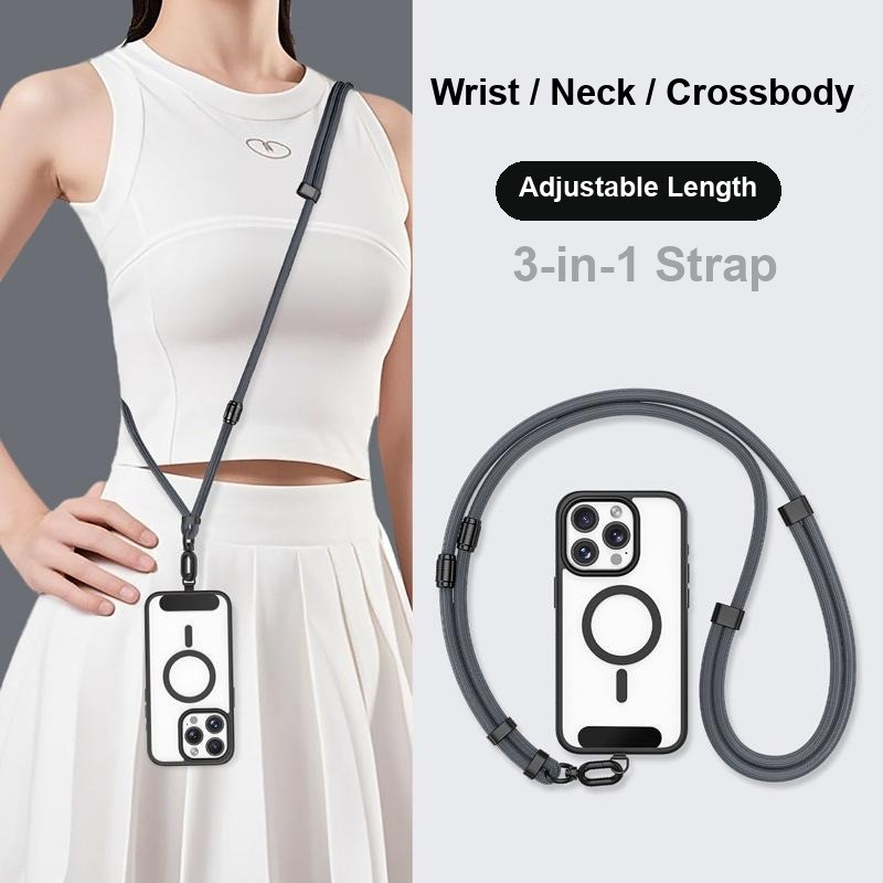 Y380 adjustable phone lanyard in Deep Space Gray, worn crossbody by a model with the phone case attached