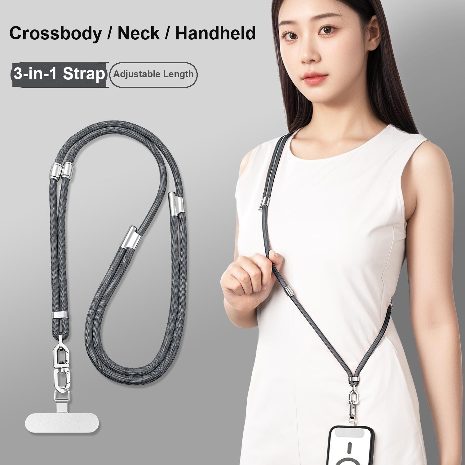 Y415 braided rope 3-in-1 adjustable phone lanyard in grey worn crossbody by a model
