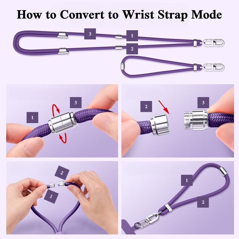 How to convert the Y415 to wrist strap mode: rotate and unscrew the metal connector, then re-loop the braided rope shorter