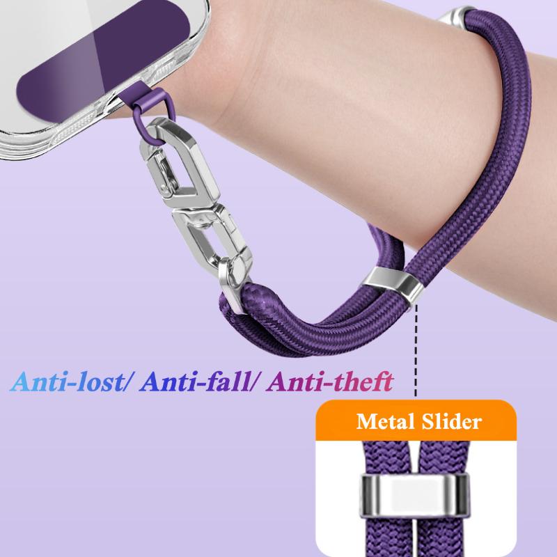 Y415 braided rope lanyard worn as a 30 cm wrist loop with a phone, showing the anti-lost metal slider and rotating clasp