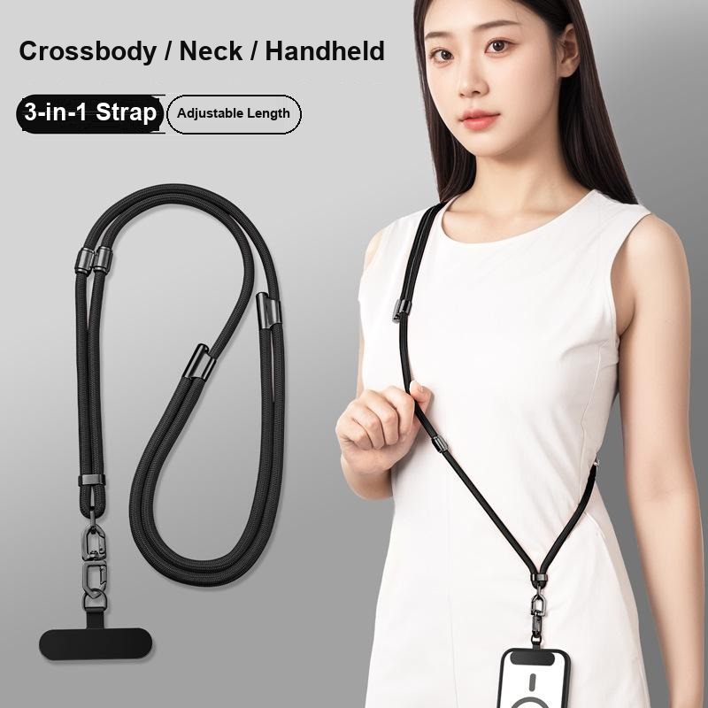 Black Y415 braided rope 3-in-1 adjustable phone lanyard worn crossbody by a model