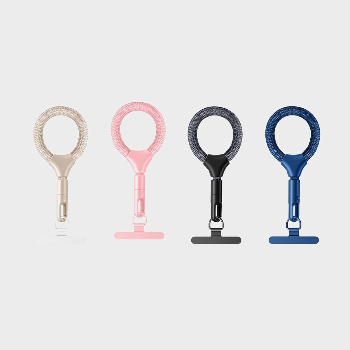 Mini correas Y003 en Beige, Rosa, Gris y Azul mostradas una junto a otra