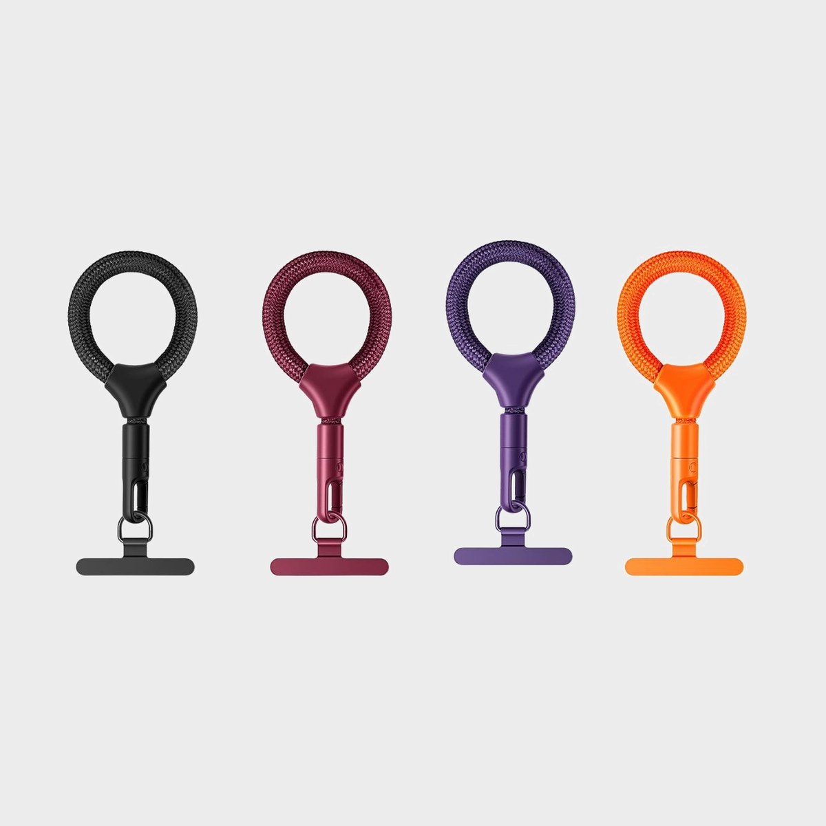 Mini correas Y003 en Negro clásico, Rojo vino, Morado oscuro y Naranja Emma mostradas una junto a otra