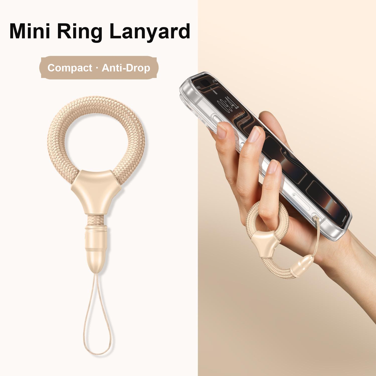 Y019 mini ring phone lanyard in beige with matching collar and adjustable slider, worn on a finger