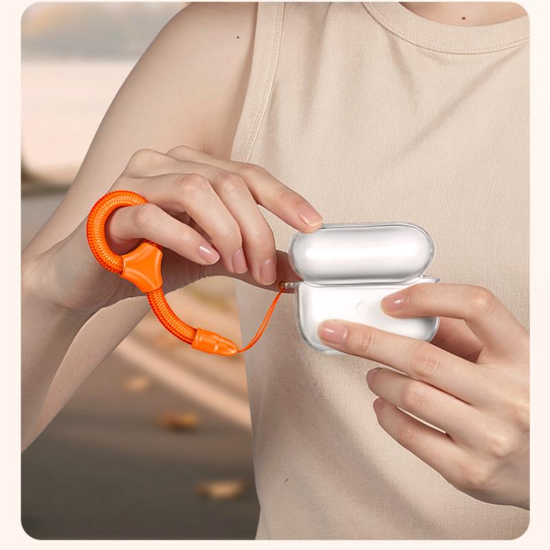 Orange Y019 mini ring lanyard holding a wireless earbuds case