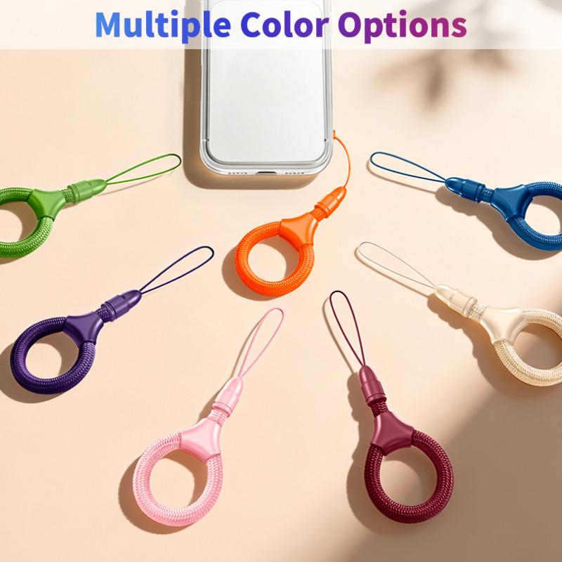 Nine Y019 mini ring lanyard colourways shown side by side around a phone
