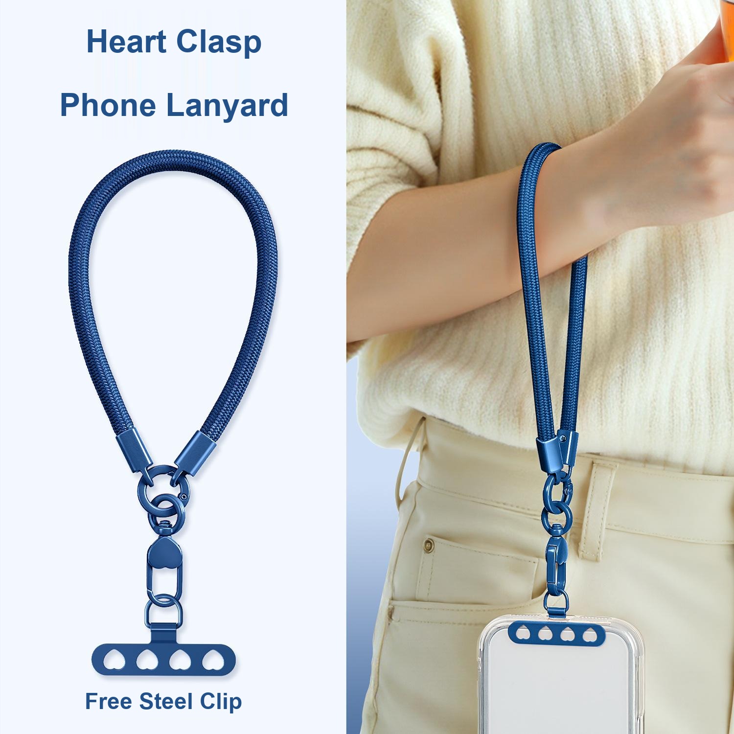 Y001 heart clasp braided phone wrist lanyard in blue with 360 degree rotatable alloy hook and steel pad