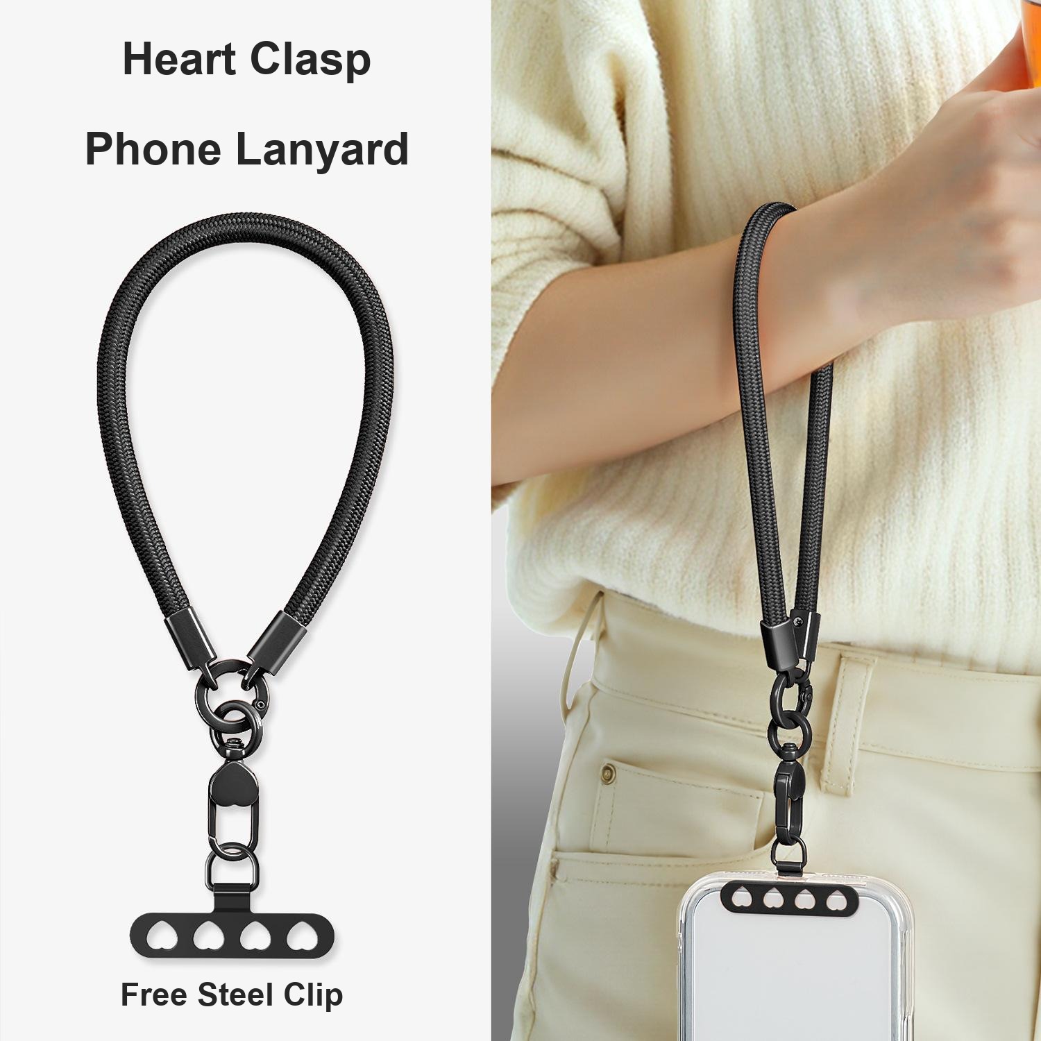 Black Y001 braided wrist lanyard worn on the wrist with a phone attached