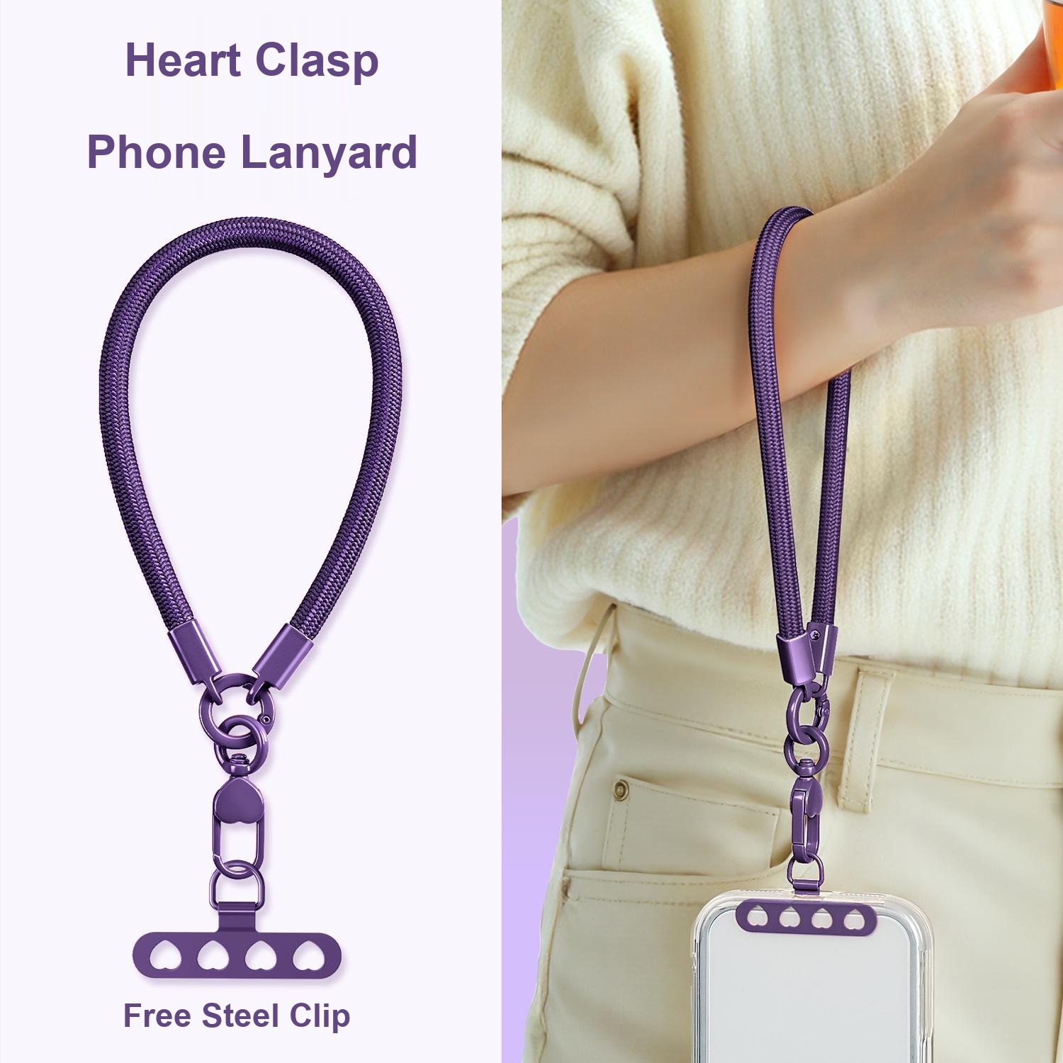Dark purple Y001 wrist lanyard showing the heart clasp and 0.3 mm steel pad