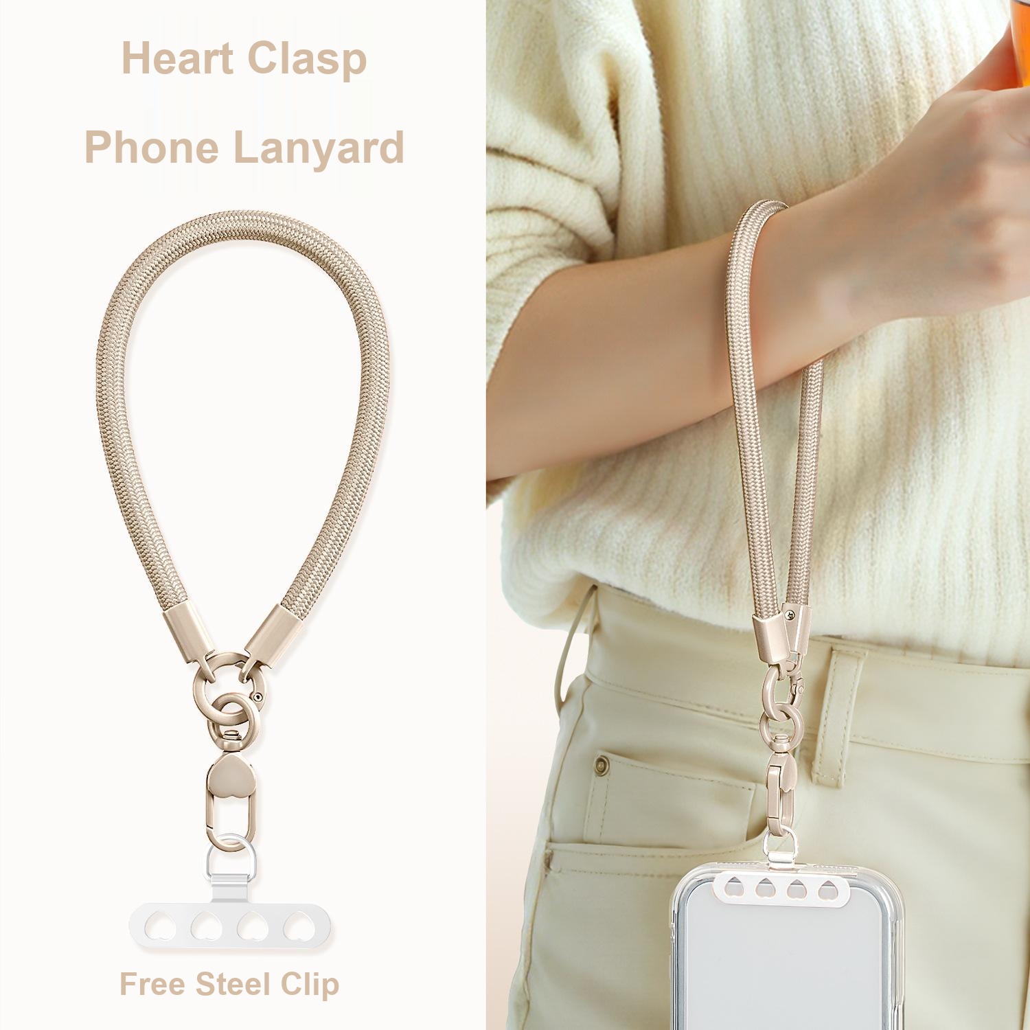 Beige Y001 braided wrist lanyard with heart clasp hook worn outdoors
