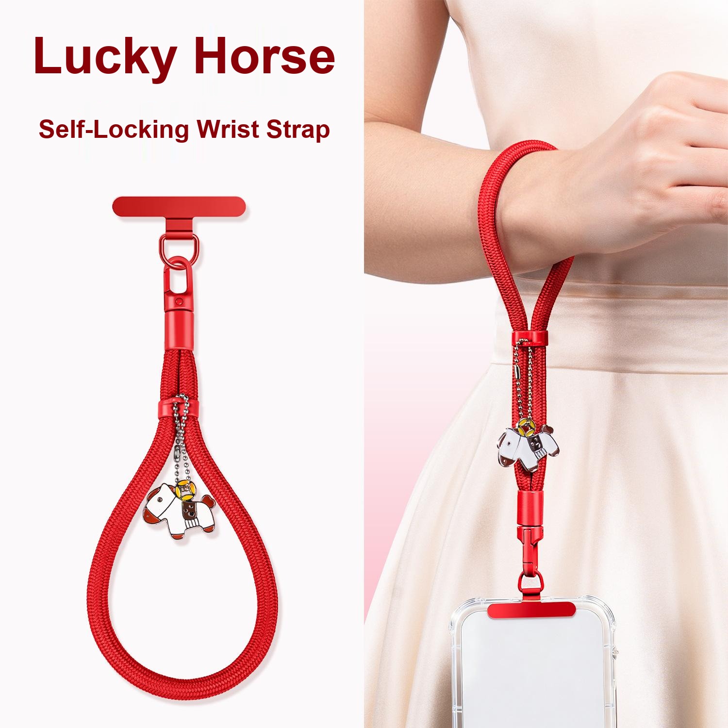 Y005 lucky horse braided wrist strap in red with colour-matched self-locking buckle and enamel horse charm