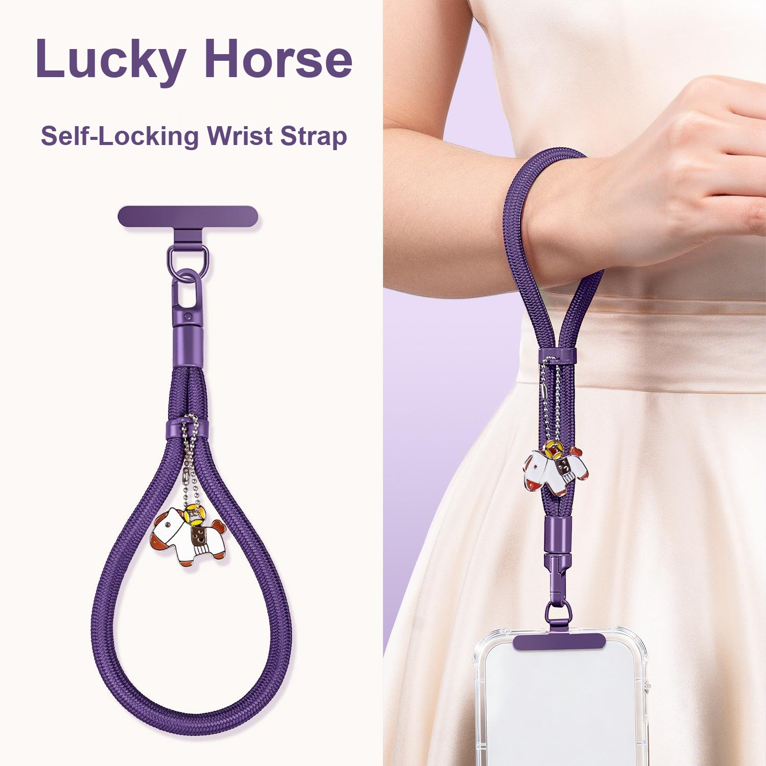Dark purple Y005 wrist strap showing the custom enamel lucky horse charm on its ball chain