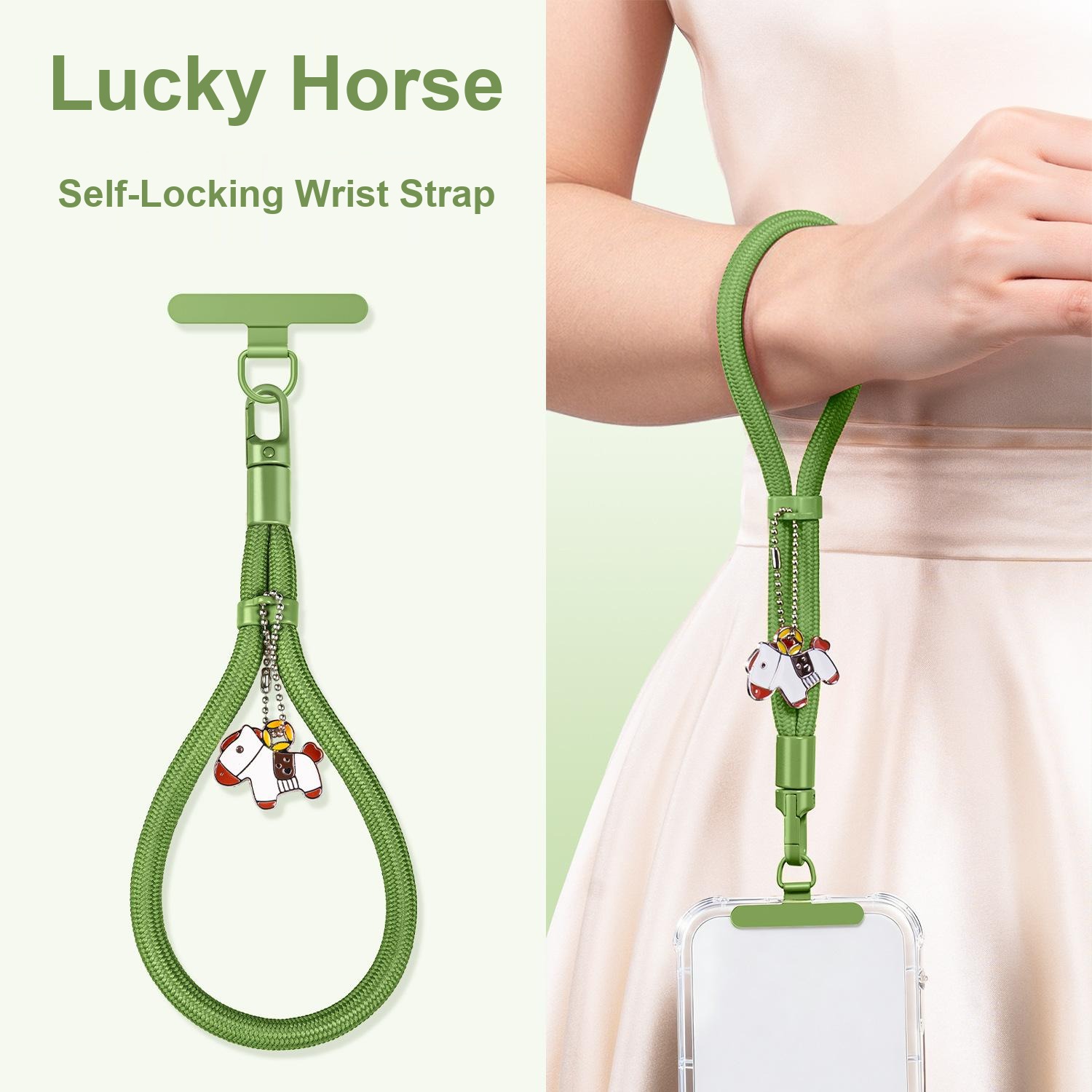 Green Y005 braided wrist strap worn on the wrist with a phone attached