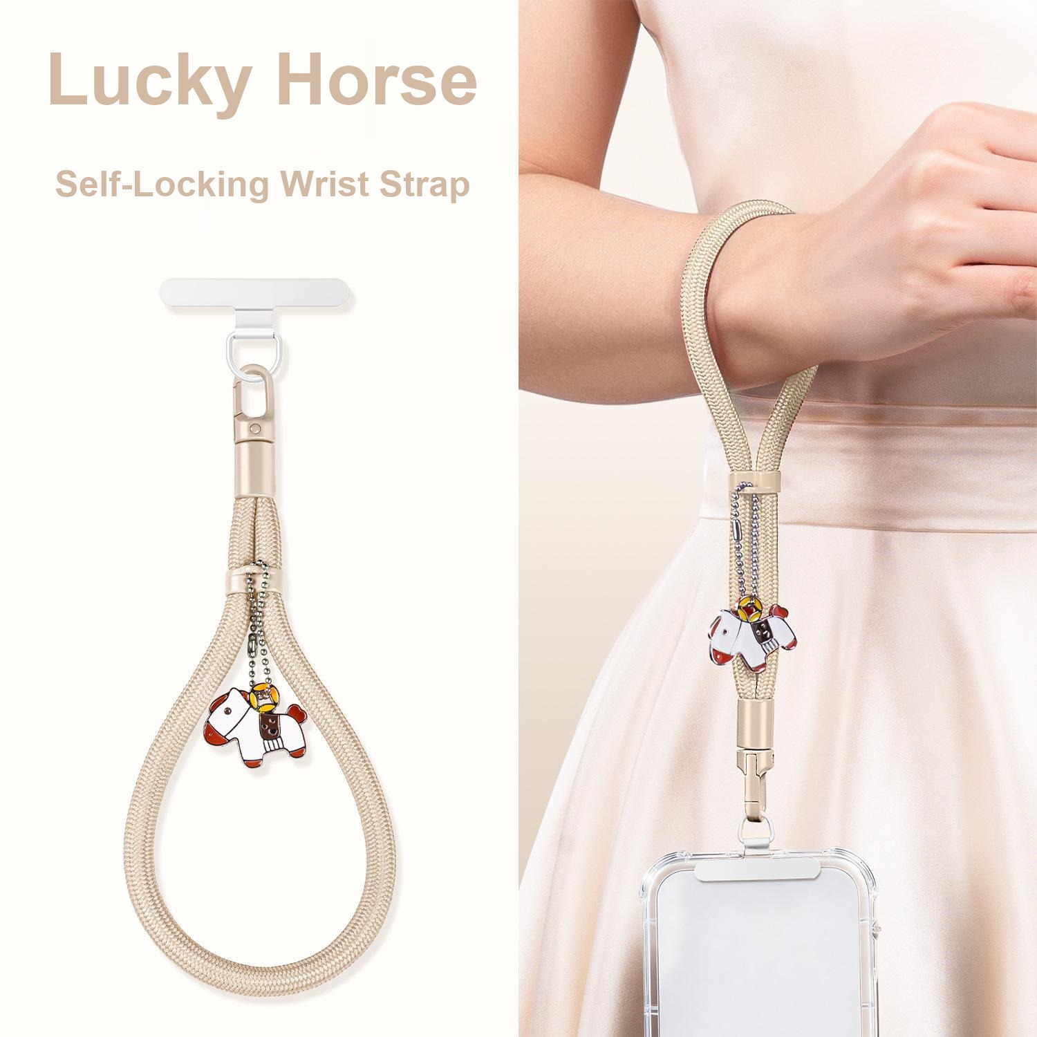 Beige Y005 braided wrist strap with champagne hardware and lucky horse charm worn outdoors