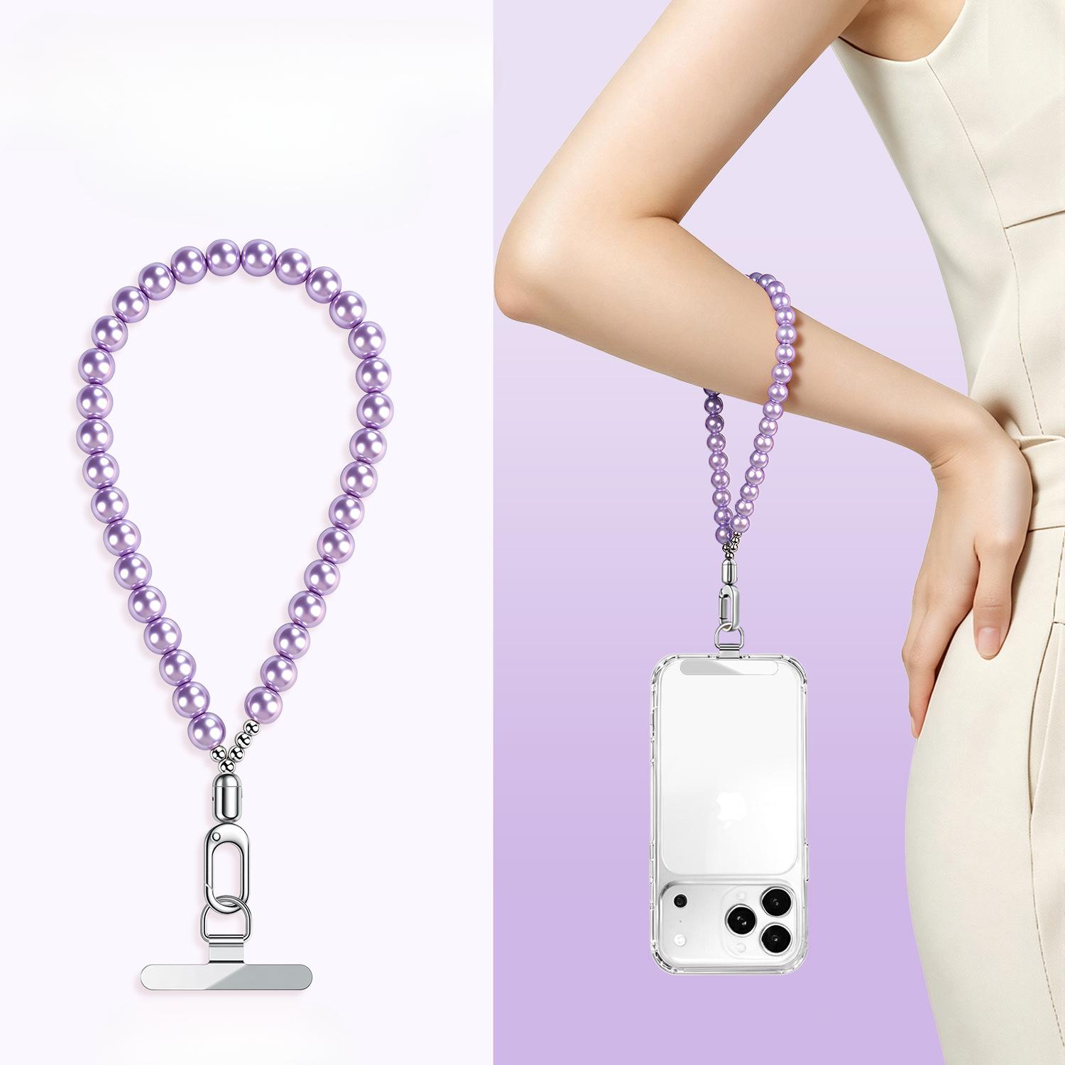 Y082 pearl bead phone wrist charm in light purple with gold stainless steel stepped clip