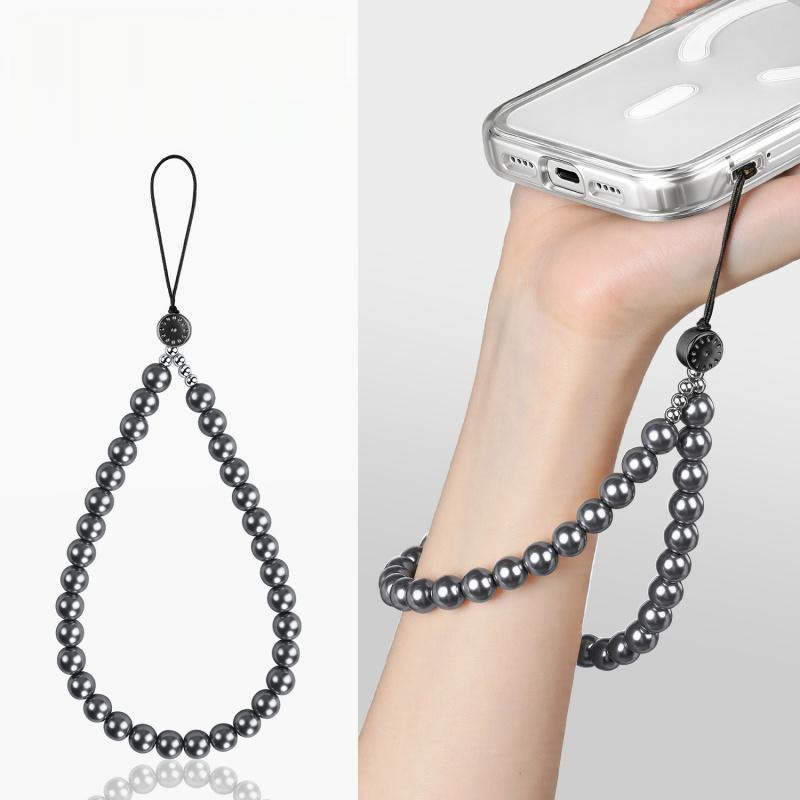 Y097 beaded pearl phone wrist charm in champagne with glittering zinc alloy accent bead