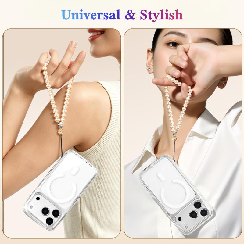 Y097 beaded pearl wrist charm worn by two models holding phones in clear cases