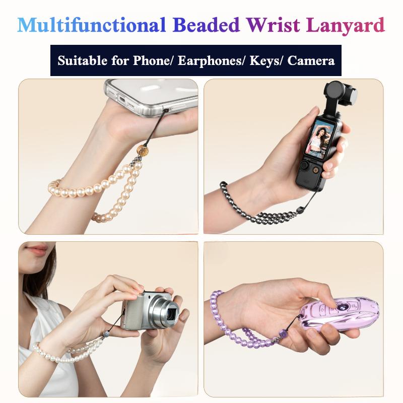 Y097 pearl wrist charm holding a phone, an action camera, a compact camera and a car key on four wrists