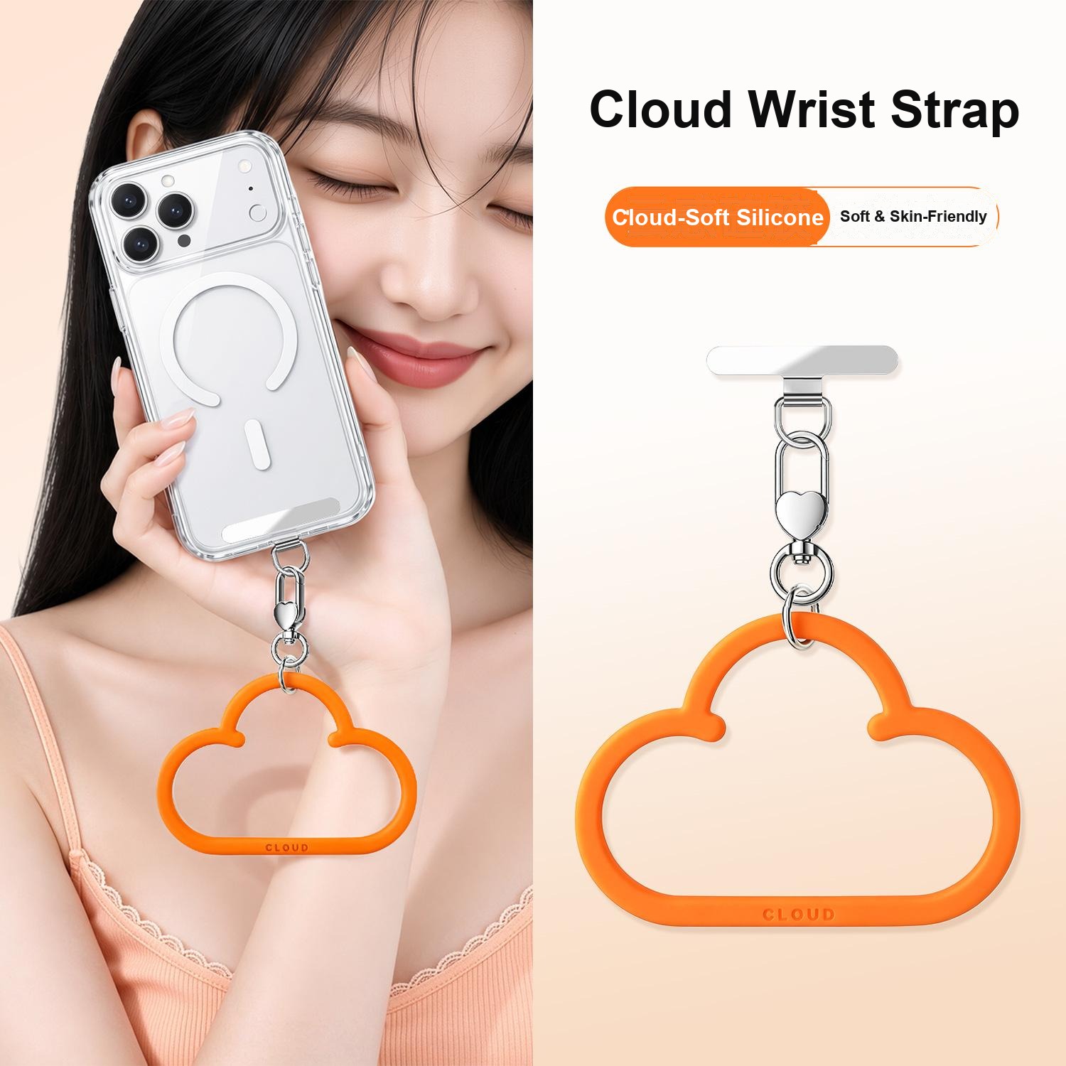 Y115 cloud loop silicone phone wrist strap in black with heart clasp and steel patch