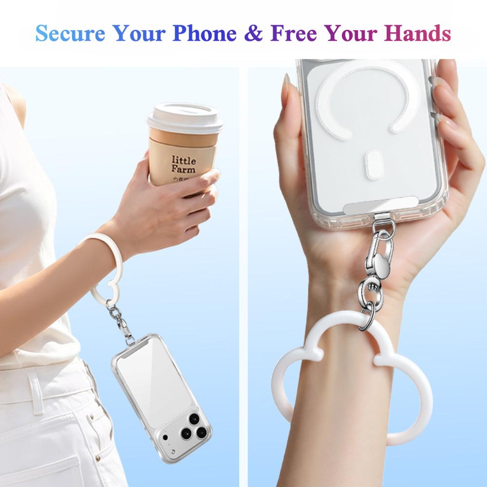 Y115 white cloud wrist strap worn on the wrist holding a coffee, with a close-up of the heart clasp, chain and steel patch