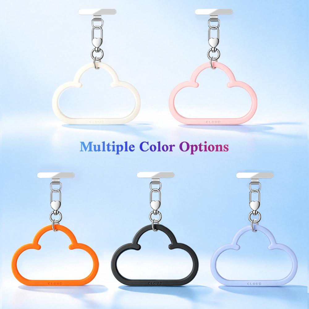 Y115 cloud wrist straps in white, pink, orange, black and light purple hanging in two rows