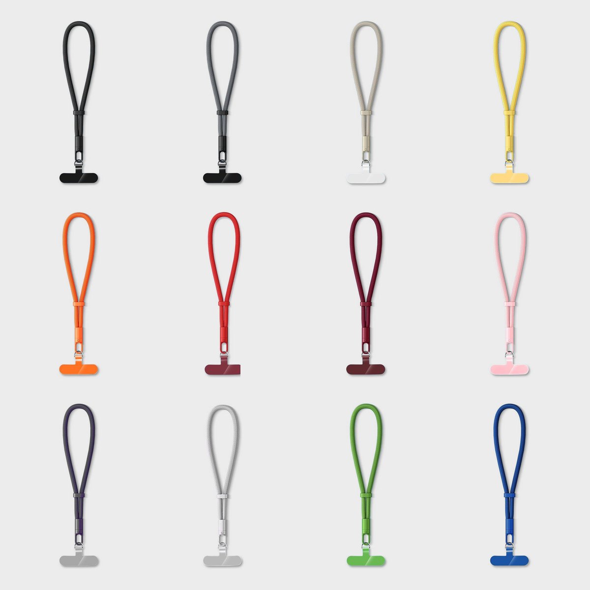 Twelve Y159 braided wrist strap colourways shown side by side