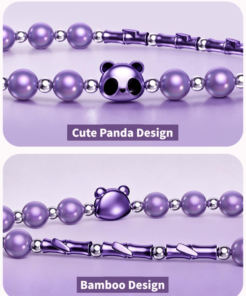 Y405 wrist charm material callouts: stainless steel beads, zinc alloy buckle, cute panda design and biomimetic pearls