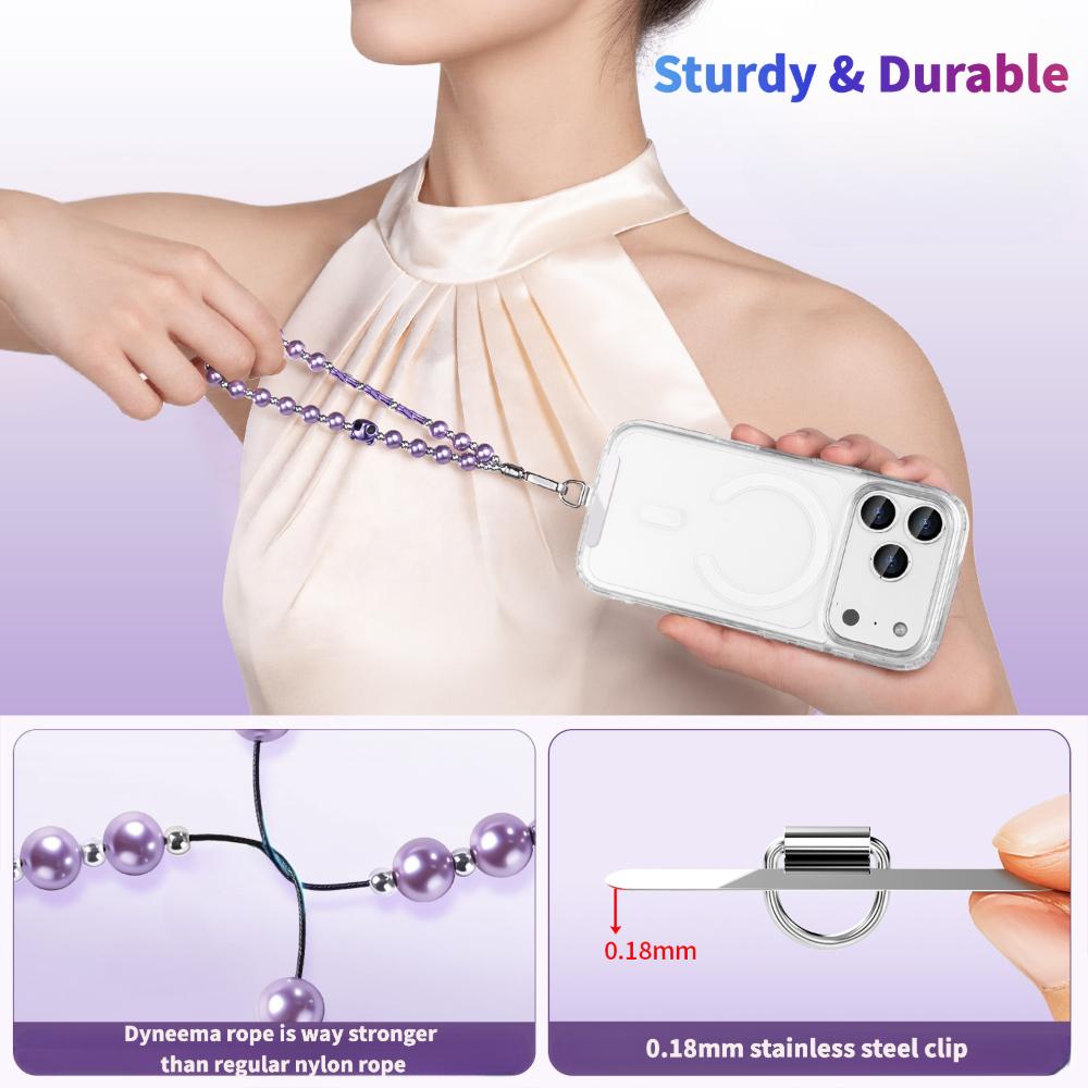 Y405 worn by a model with a phone, with close-ups of the Dyneema core rope and the 0.18 mm stainless steel stepped clip